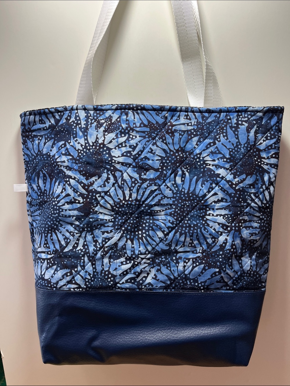 Blue Floral Pattern Tote Bag with Navy Faux Leather Base